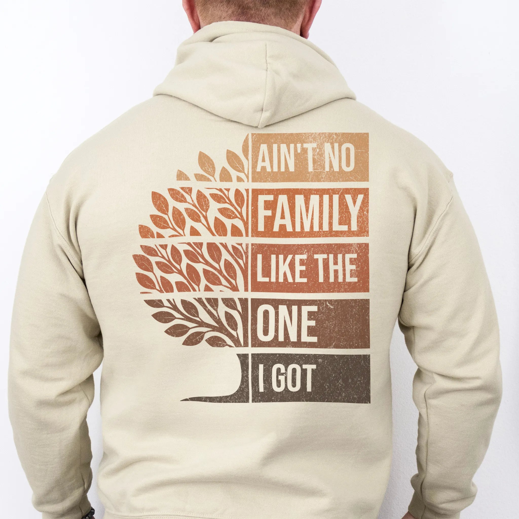 Sand Oakley June Hoodie – oversized back print Ain’t No Family Like the One I Got with distressed tree design