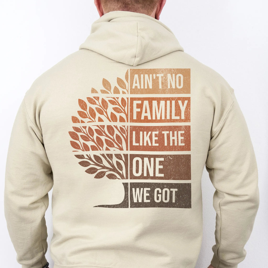 Sand Oakley June hoodie oversized back print Ain’t No Family Like the One We Got with tree graphic