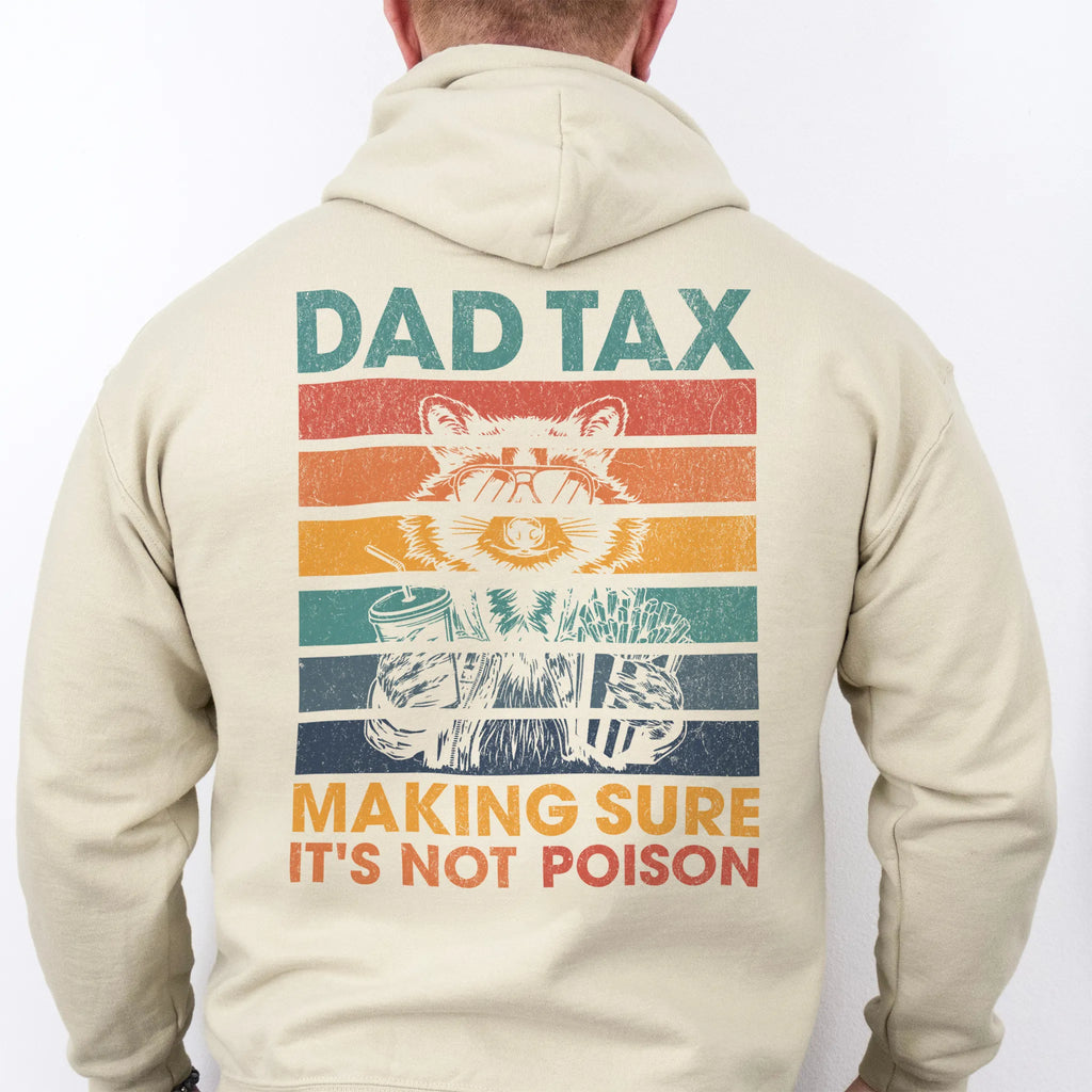 Sand Oakley June Hoodie back view Dad Tax retro stripes raccoon wearing sunglasses holding soda and fries large back print text Making Sure It’s Not Poison distressed graphic
