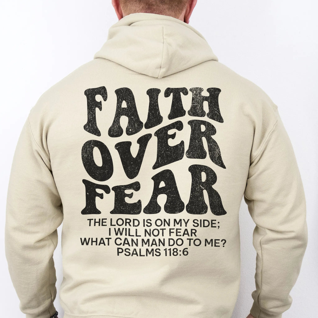 Sand Oakley June hoodie, mens fit, large back lettering reads Faith Over Fear with supporting scripture lines, studio back view