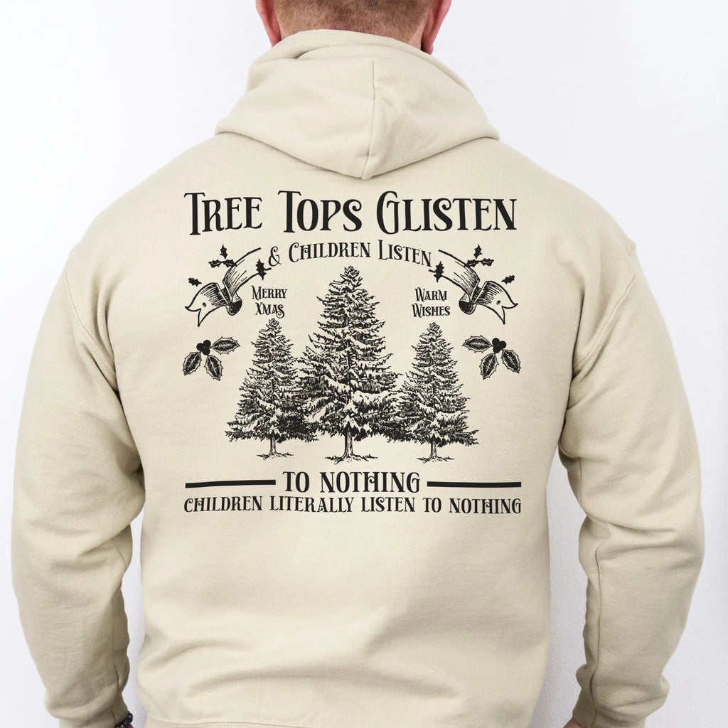 Sand men’s hoodie large back print Tree Tops Glisten and Children Listen to Nothing with evergreen trees