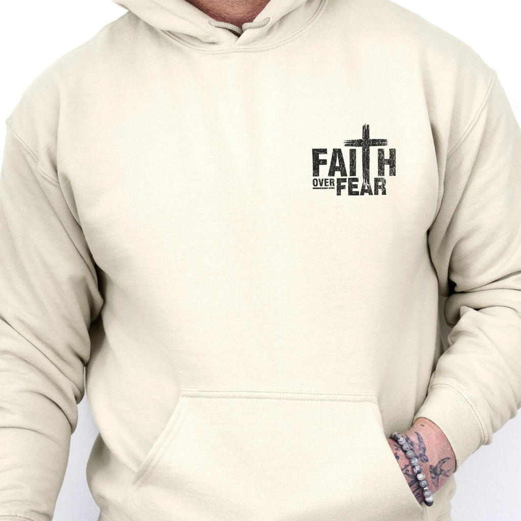 Sand Oakley June hoodie, mens fit, left chest badge reads Faith Over Fear with cross, kangaroo pocket, studio front view