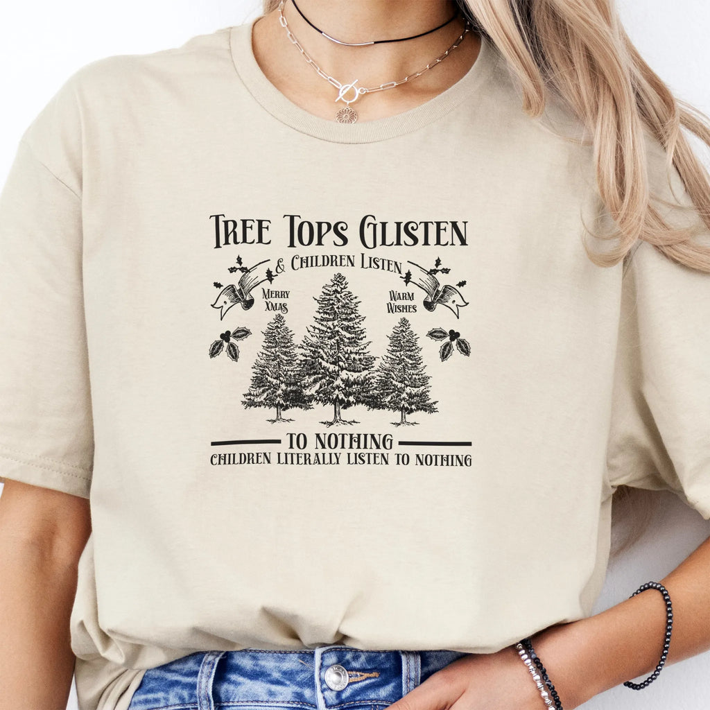 Sand women’s tee front print Tree Tops Glisten and Children Listen to Nothing with vintage evergreens