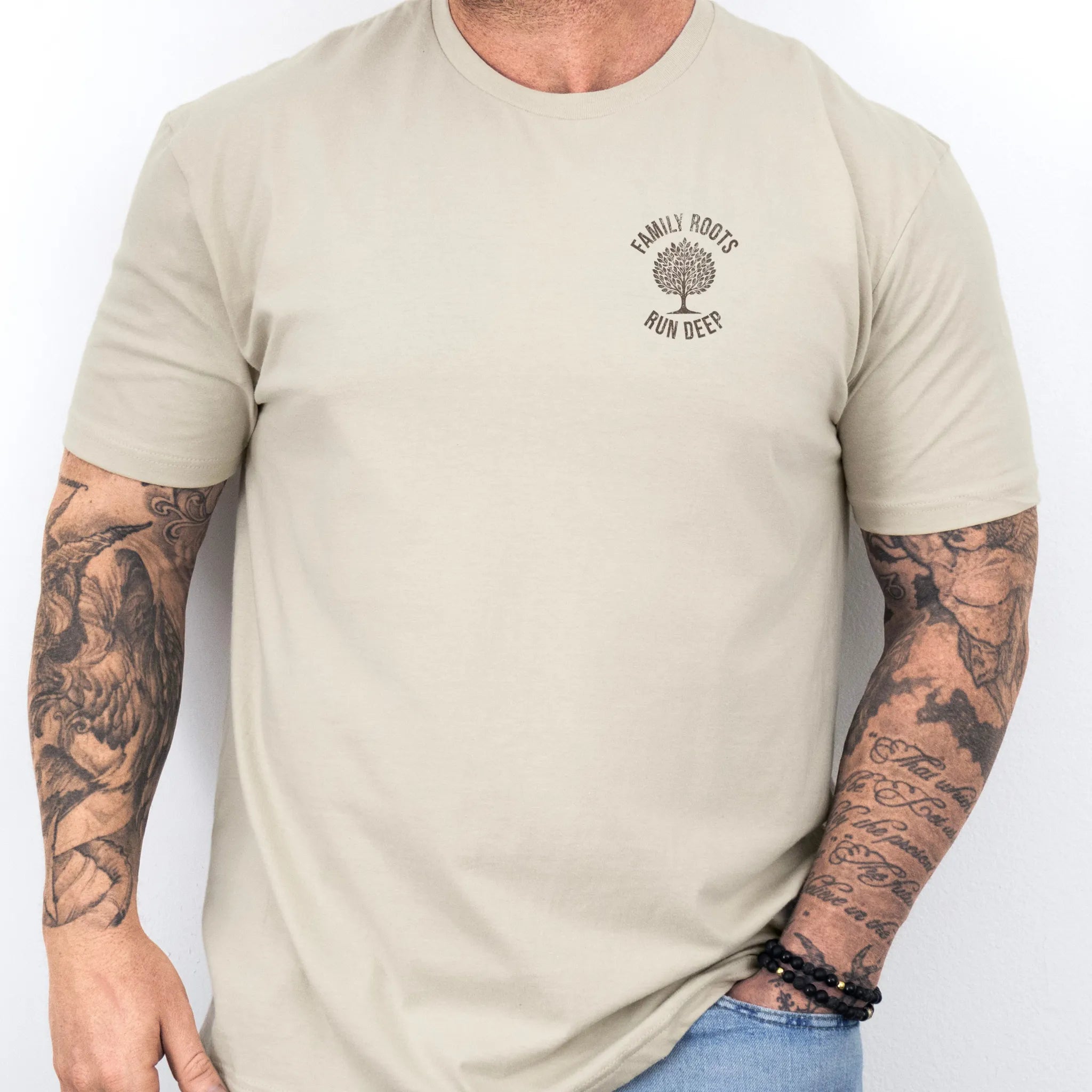 Sand Oakley June T-Shirt – Ain’t No Family Like the One I Got retro tree graphic, front view