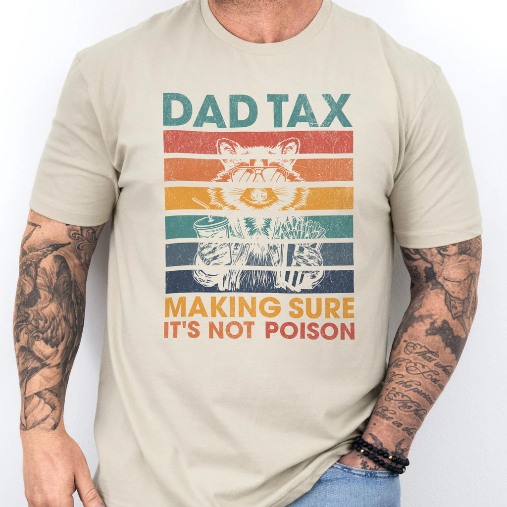 Sand Oakley June T Shirt front view Dad Tax retro stripes raccoon wearing sunglasses holding soda and fries text Making Sure It’s Not Poison distressed print