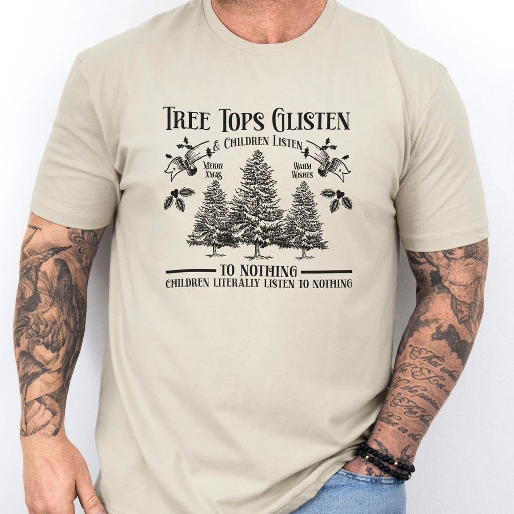 Sand men’s tee front print Tree Tops Glisten and Children Listen to Nothing with vintage evergreens