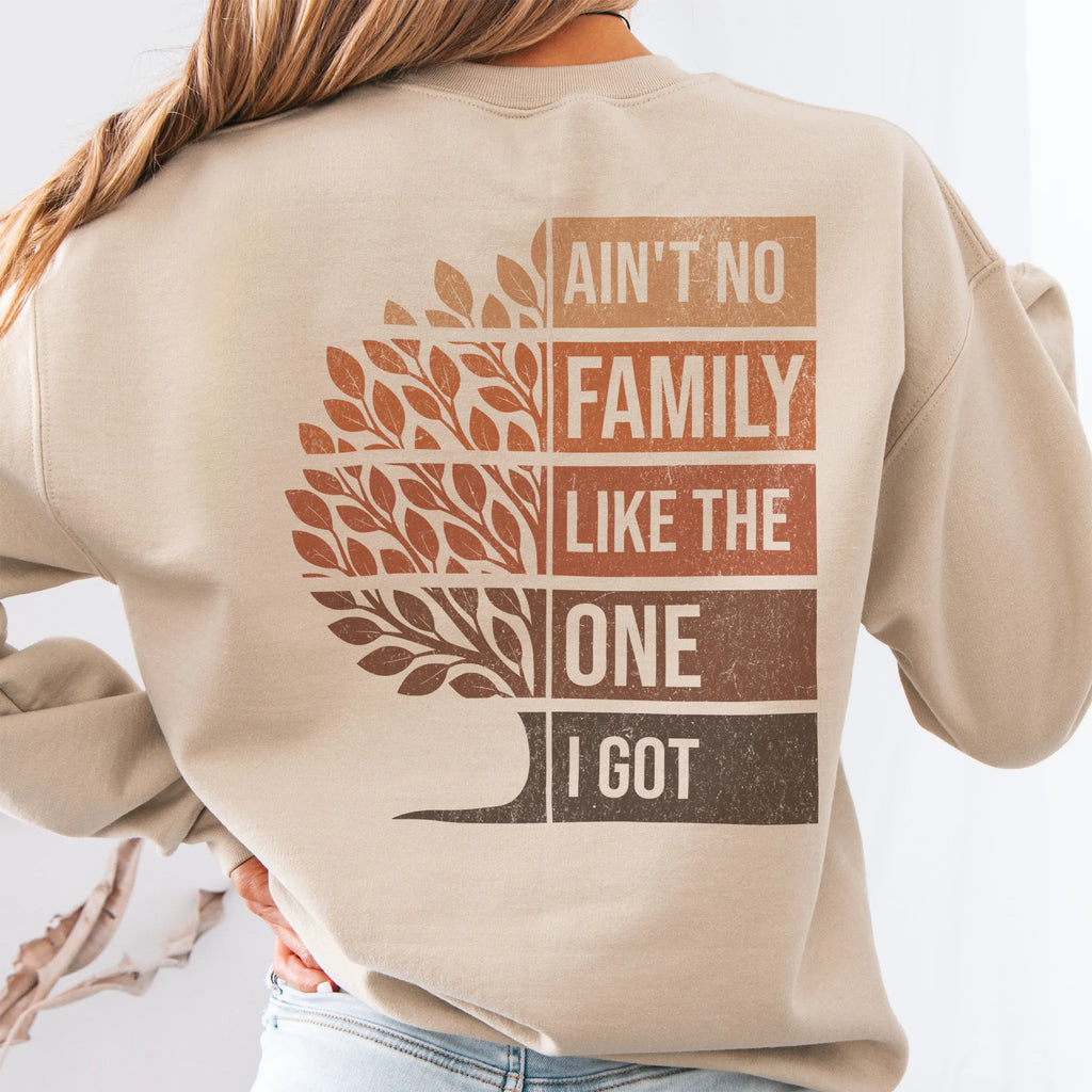Sand Oakley June sweatshirt oversized back print Ain’t No Family Like the One I Got with tree graphic