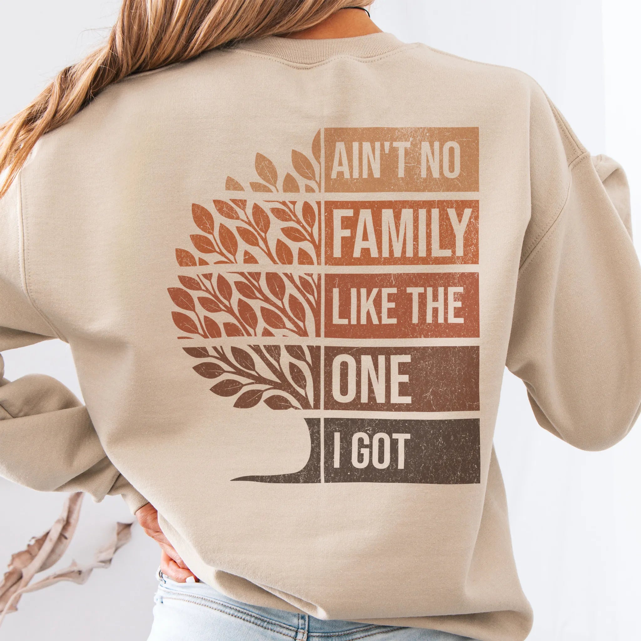 Sand Oakley June sweatshirt oversized back print Ain’t No Family Like the One I Got with tree graphic