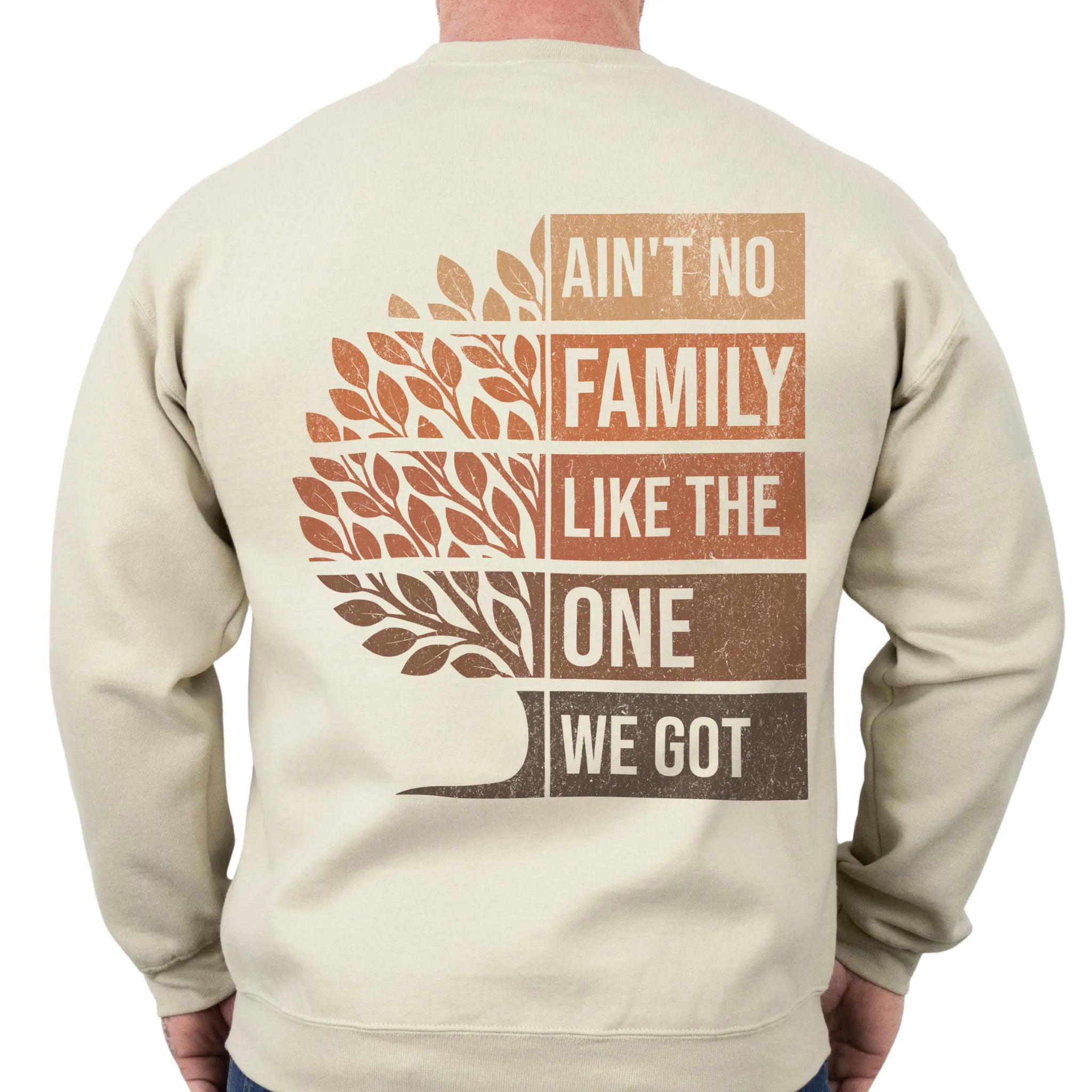 Sand Oakley June sweatshirt oversized back print Ain’t No Family Like the One We Got with tree graphic