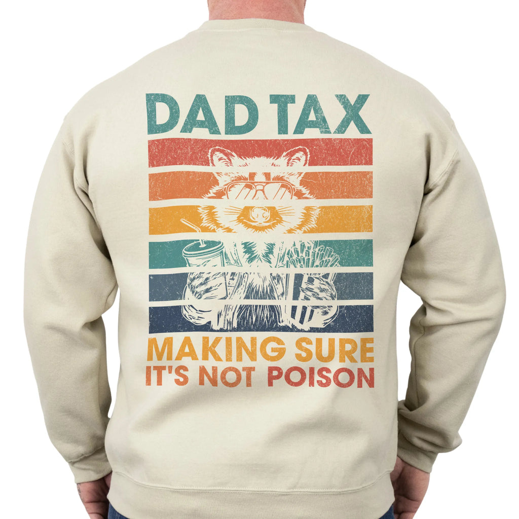 Sand Oakley June Sweatshirt back view Dad Tax retro stripes raccoon wearing sunglasses holding soda and fries text Making Sure It’s Not Poison distressed print