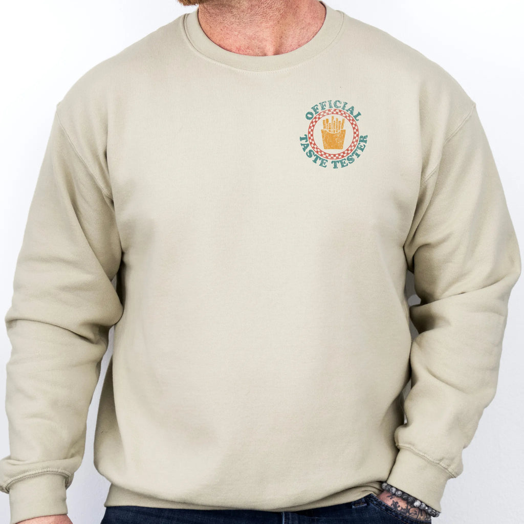 Sand Oakley June Sweatshirt front view Dad Tax Official Taste Tester left chest badge retro circle fries emblem on a sweatshirt