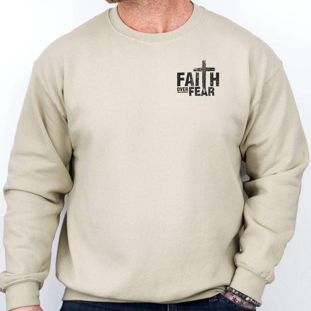 Sand Oakley June sweatshirt, mens fit, left chest badge reads Faith Over Fear with cross, studio front view