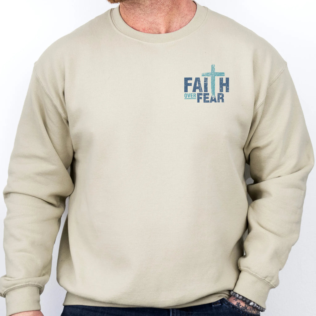 Sand Oakley June sweatshirt, mens fit, left chest badge reads Faith Over Fear with small cross, studio front view