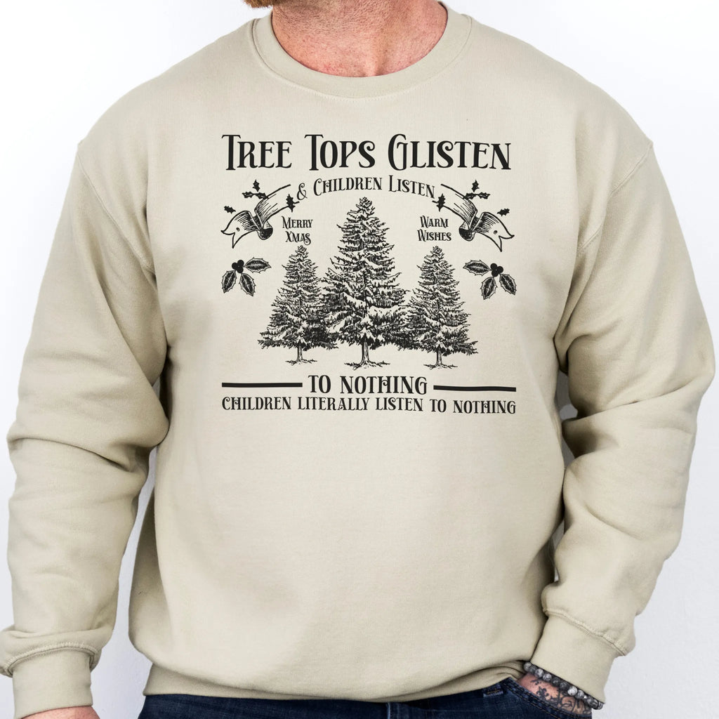 Sand men’s sweatshirt front print Tree Tops Glisten and Children Listen to Nothing with vintage evergreens