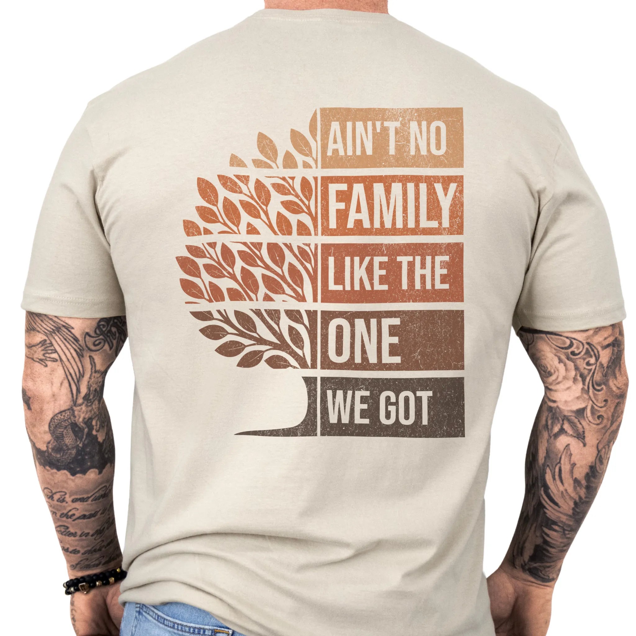 Sand Oakley June tee oversized back print Ain’t No Family Like the One We Got with tree graphic