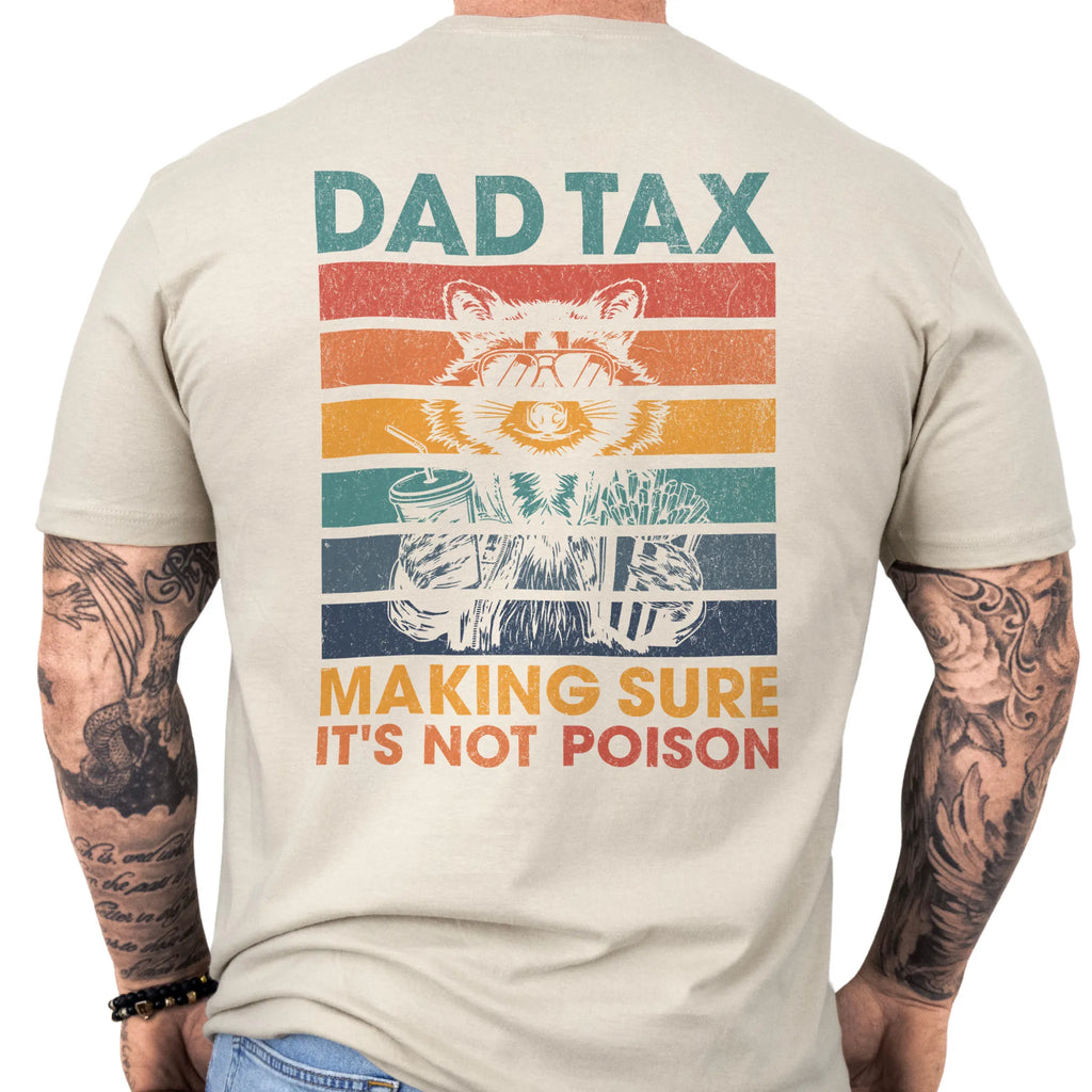 Sand Military Green Oakley June T-Shirt – Dad Tax retro stripes graphic on back with raccoon holding snacks and “Making Sure It’s Not Poison” text