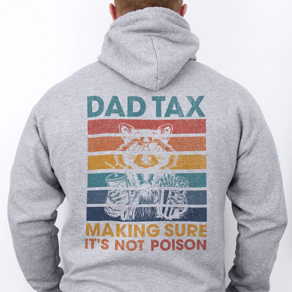 Sport Grey Oakley June Hoodie back view Dad Tax retro stripes raccoon wearing sunglasses holding soda and fries large back print text Making Sure It’s Not Poison distressed graphic