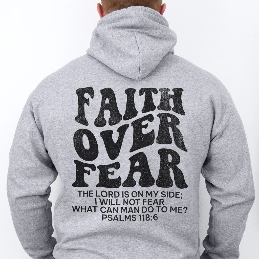 Sport Grey Oakley June hoodie, mens fit, large back lettering reads Faith Over Fear with supporting scripture lines, studio back view