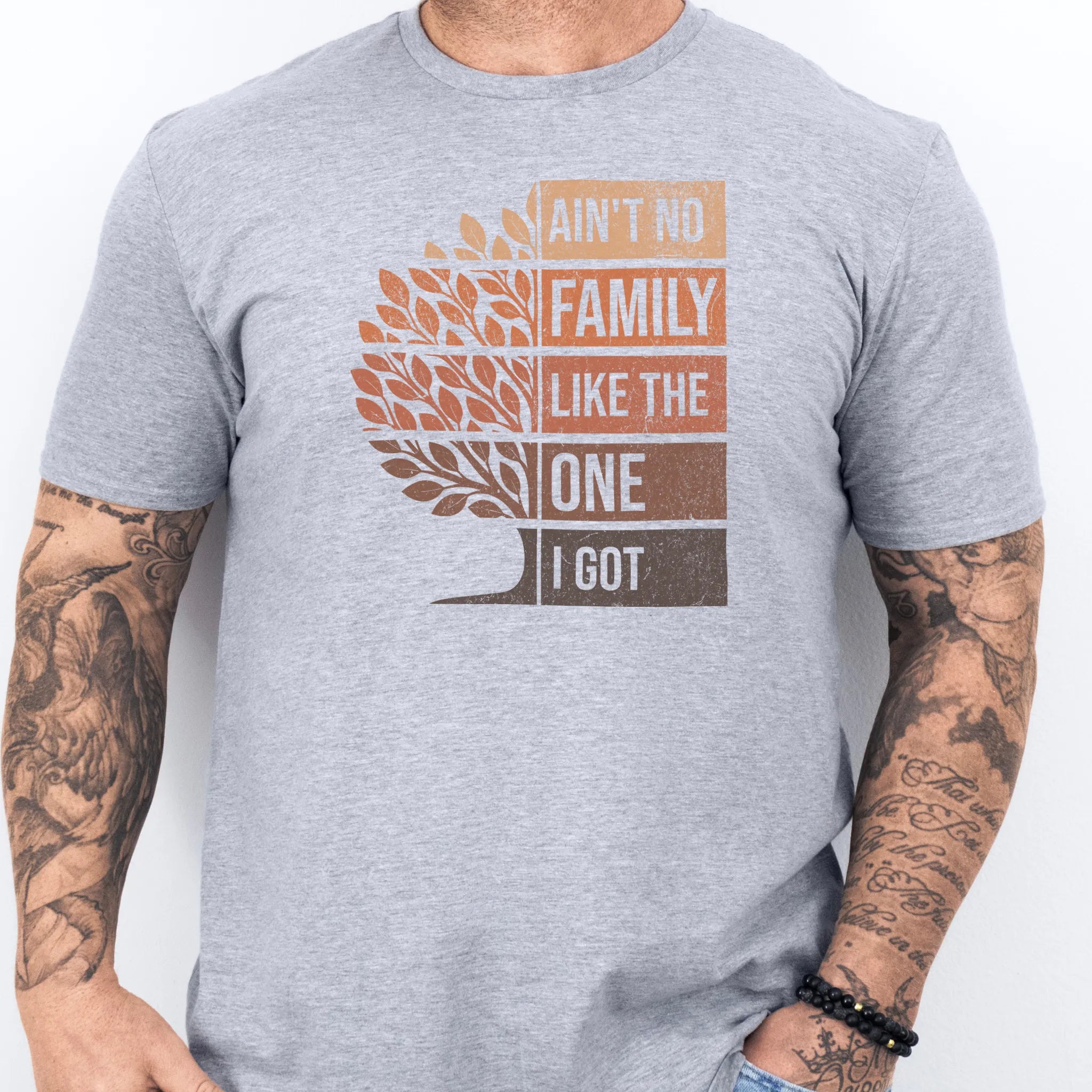 Sport Grey Oakley June t shirt, Ain’t No Family Like the One I Got retro tree graphic, front view