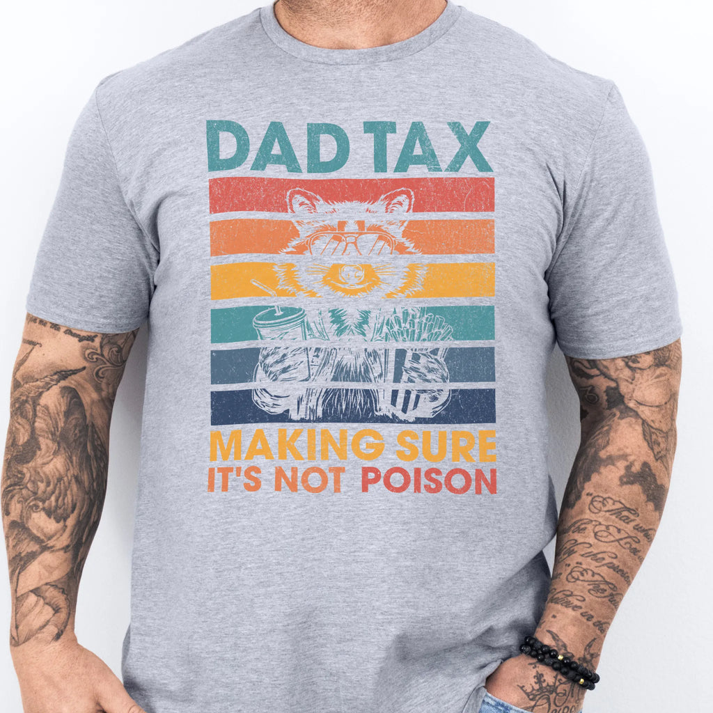 Sport Grey Oakley June T Shirt front view Dad Tax retro stripes raccoon wearing sunglasses holding soda and fries text Making Sure It’s Not Poison distressed print