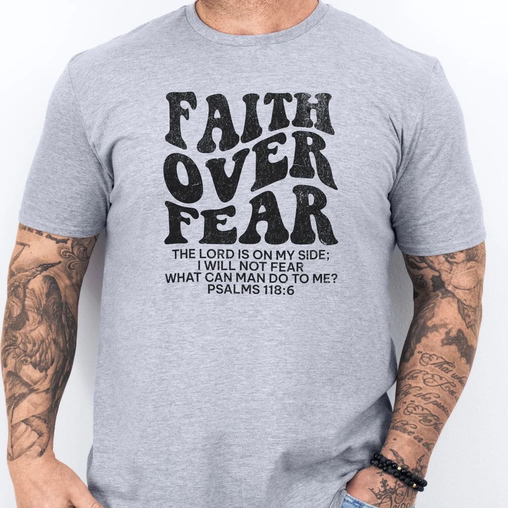 Sport Grey Oakley June t shirt, mens fit, large front lettering reads Faith Over Fear with supporting scripture lines, studio front view