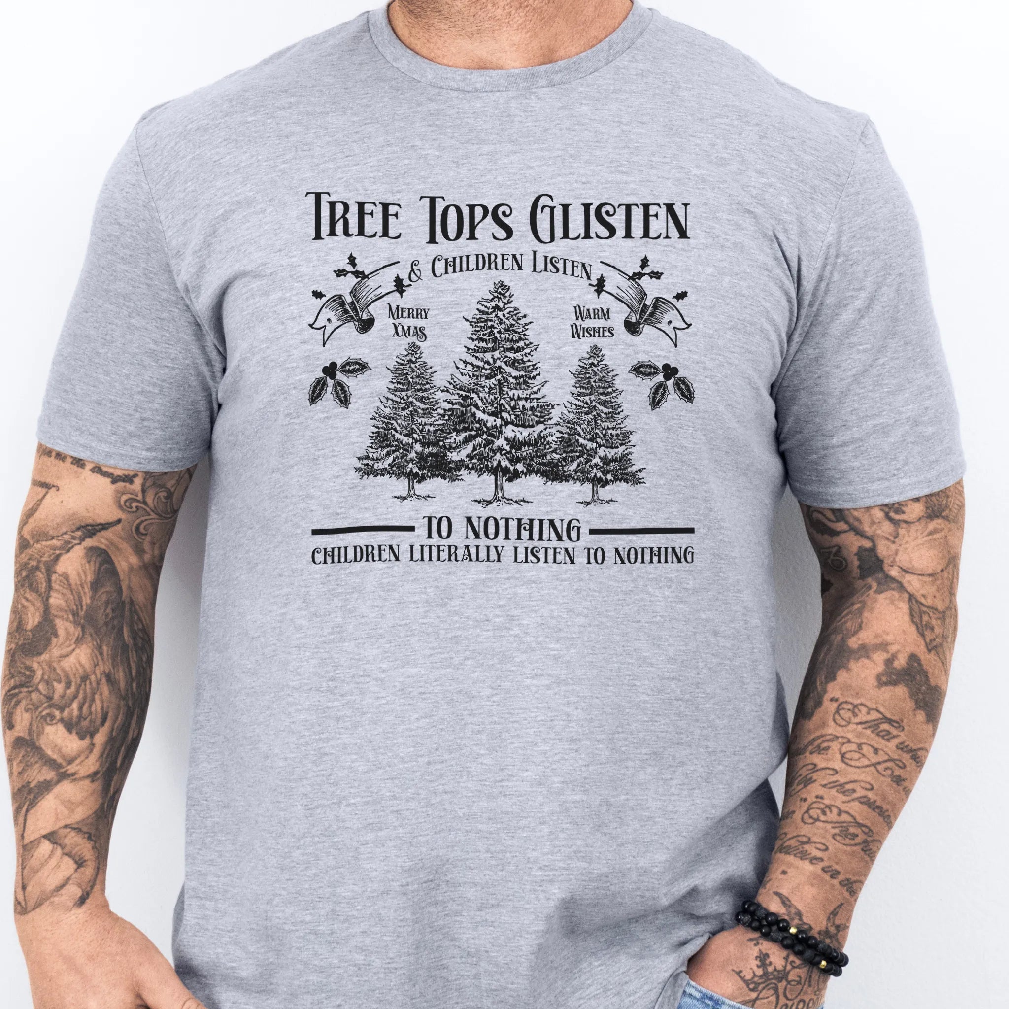 Sport Grey men’s tee front print Tree Tops Glisten and Children Listen to Nothing with vintage evergreens