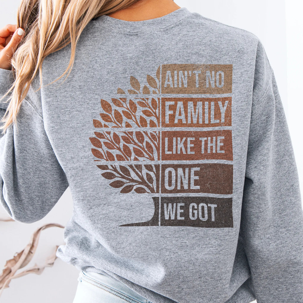 Sport Grey Oakley June sweatshirt oversized back print Ain’t No Family Like the One We Got with tree graphic