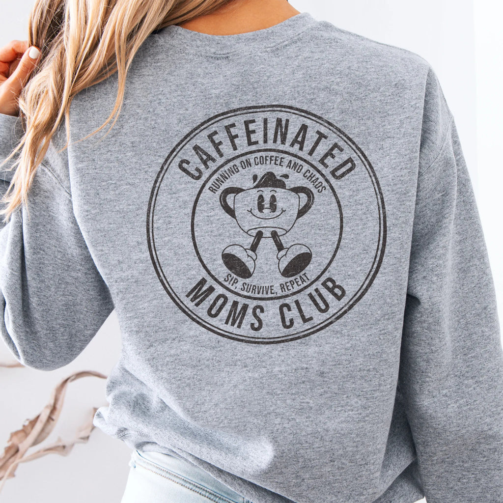 Sport Grey Oakley June Sweatshirt front view small left chest coffee cup mascot Caffeinated Moms Club minimal distressed