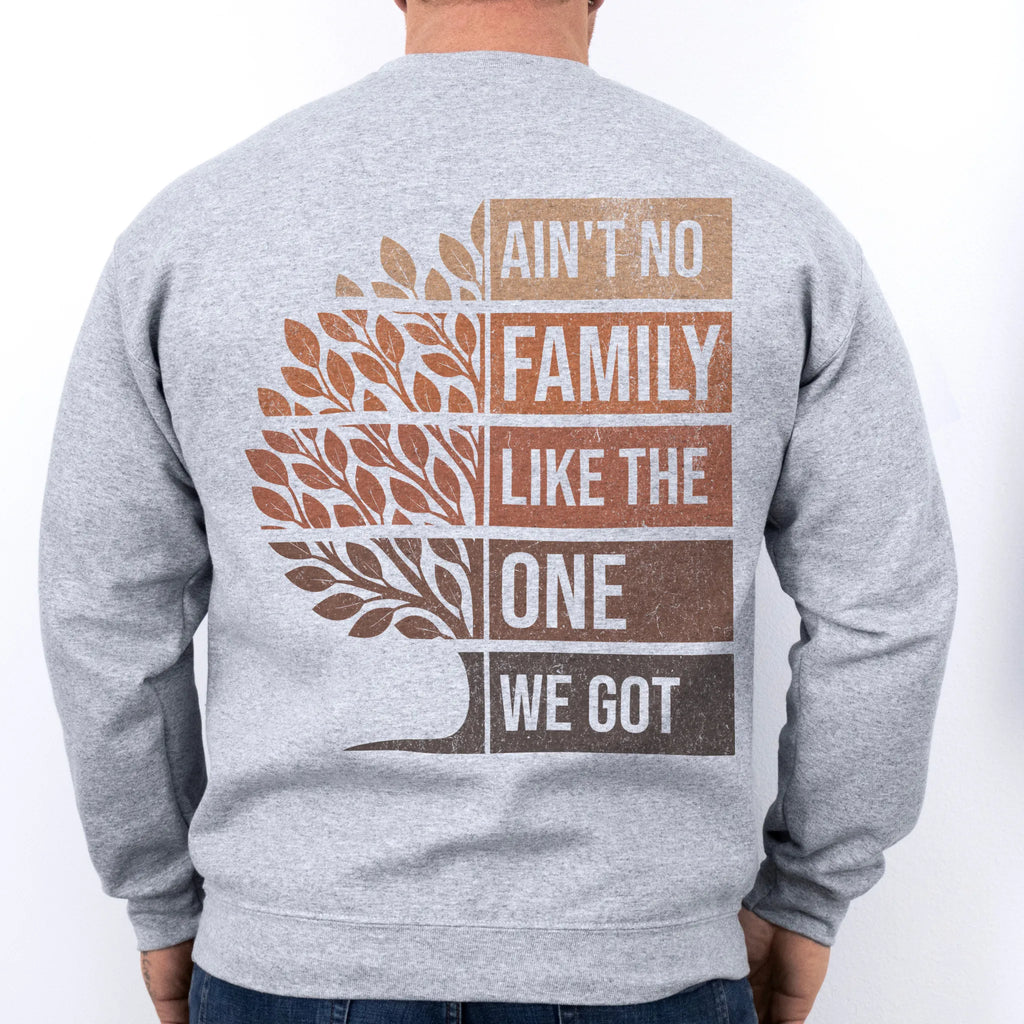 Sport Grey Oakley June sweatshirt oversized back print Ain’t No Family Like the One We Got with tree graphic