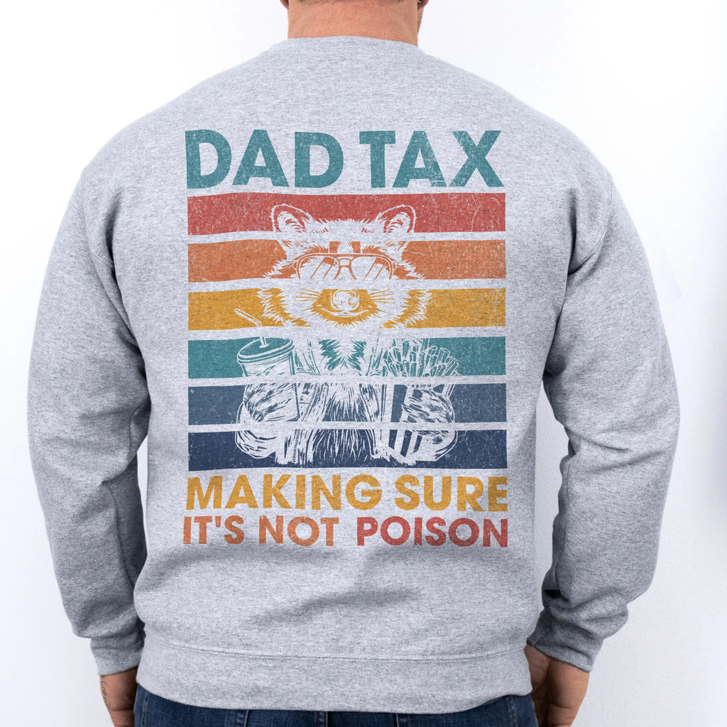 Sport Grey Oakley June Sweatshirt back view Dad Tax retro stripes raccoon wearing sunglasses holding soda and fries text Making Sure It’s Not Poison distressed print
