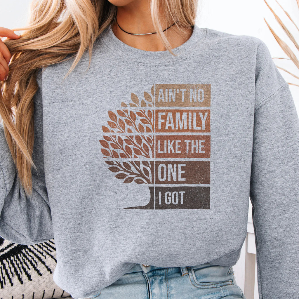 Sport Grey Oakley June sweatshirt bold front print Ain’t No Family Like the One I Got with tree graphic