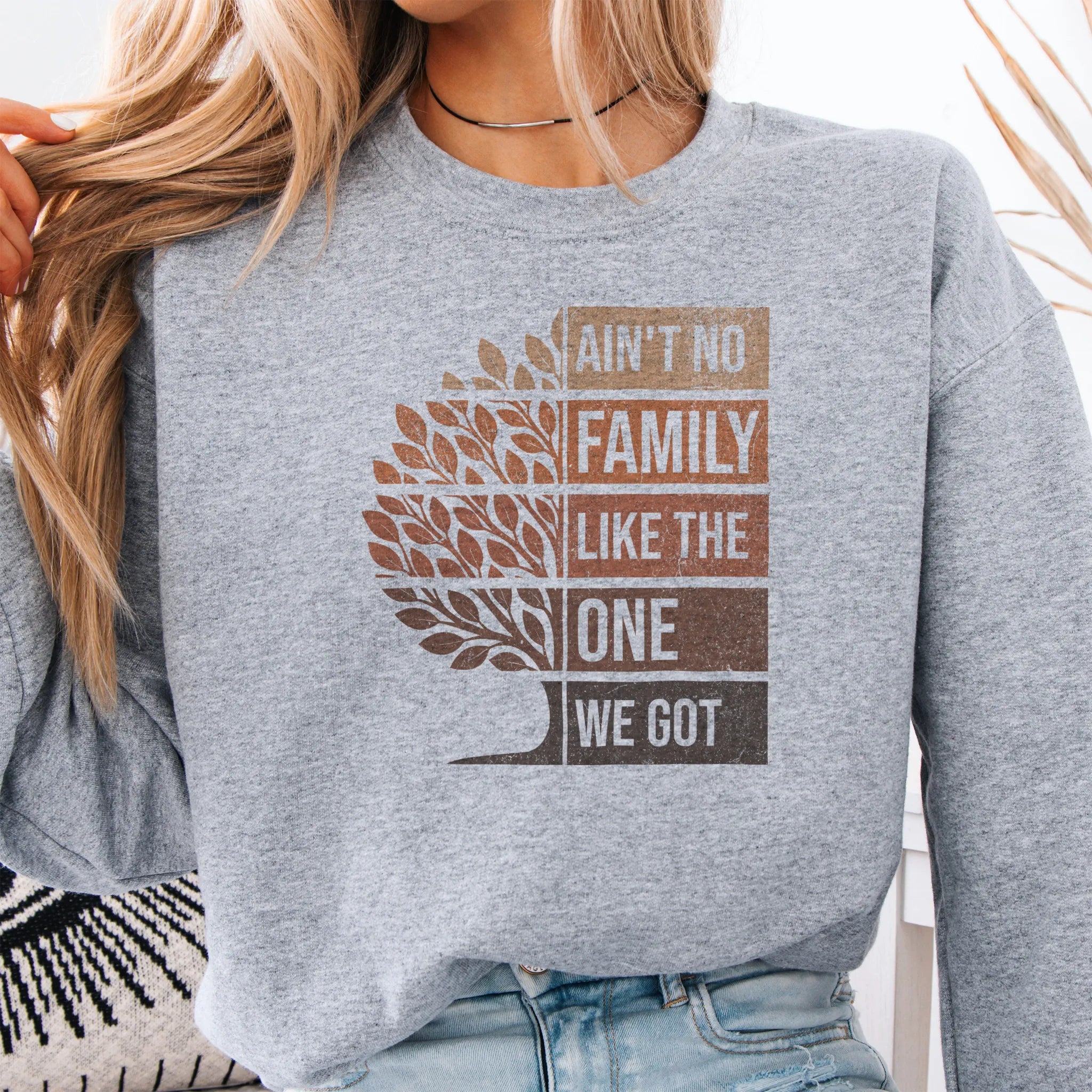 Sport Grey Oakley June sweatshirt bold front print Ain’t No Family Like the One We Got with tree graphic