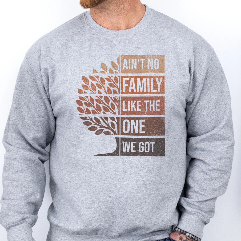 Sport Grey Oakley June sweatshirt bold front print Ain’t No Family Like the One We Got with tree graphic
