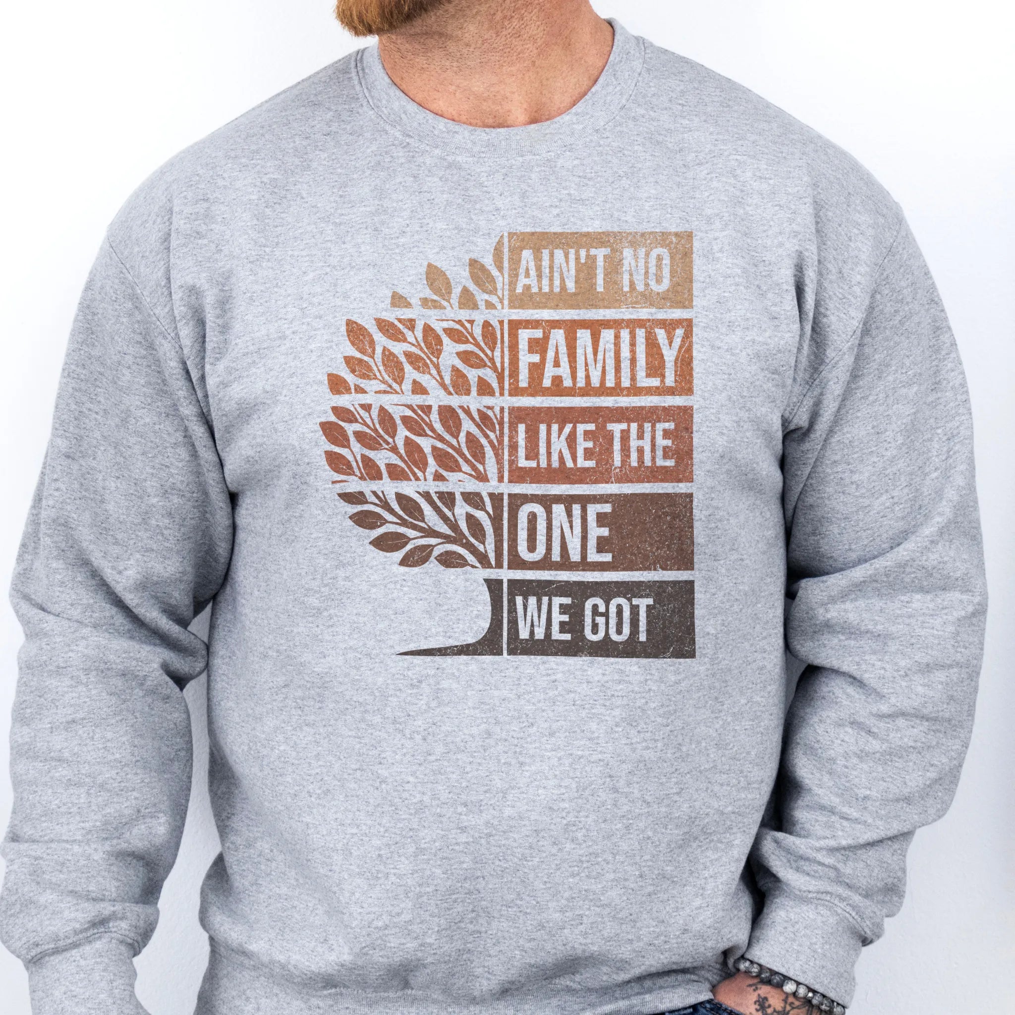 Sport Grey Oakley June sweatshirt bold front print Ain’t No Family Like the One We Got with tree graphic