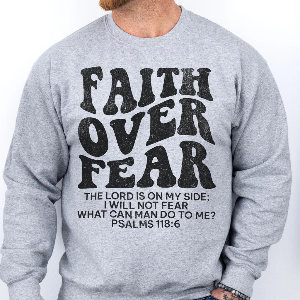 Sport Grey Oakley June sweatshirt, mens fit, left chest badge reads Faith Over Fear with cross, studio front view