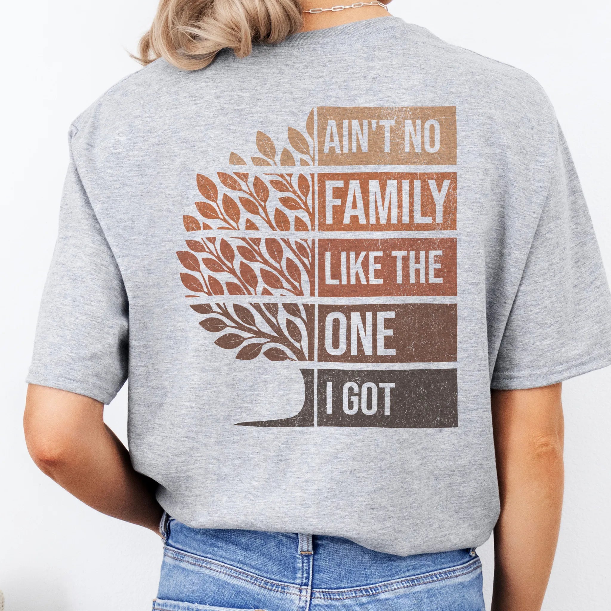 Sport Grey Oakley June T-Shirt – oversized back print Ain’t No Family Like the One I Got with distressed tree design