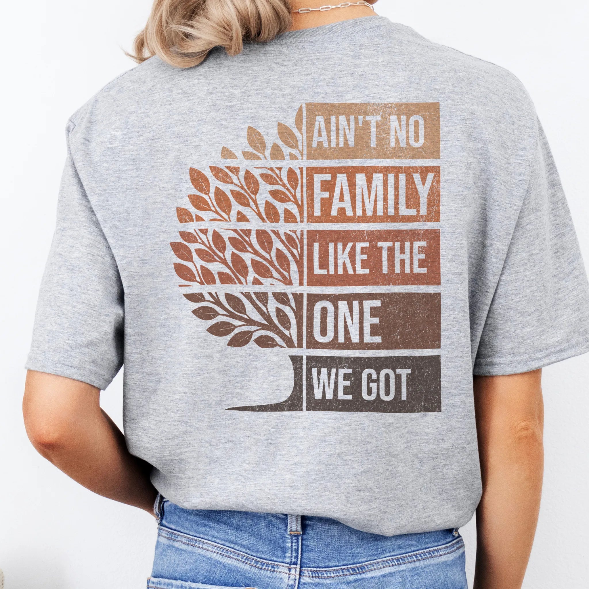 Sport Grey Oakley June tee oversized back print Ain’t No Family Like the One We Got with tree graphic