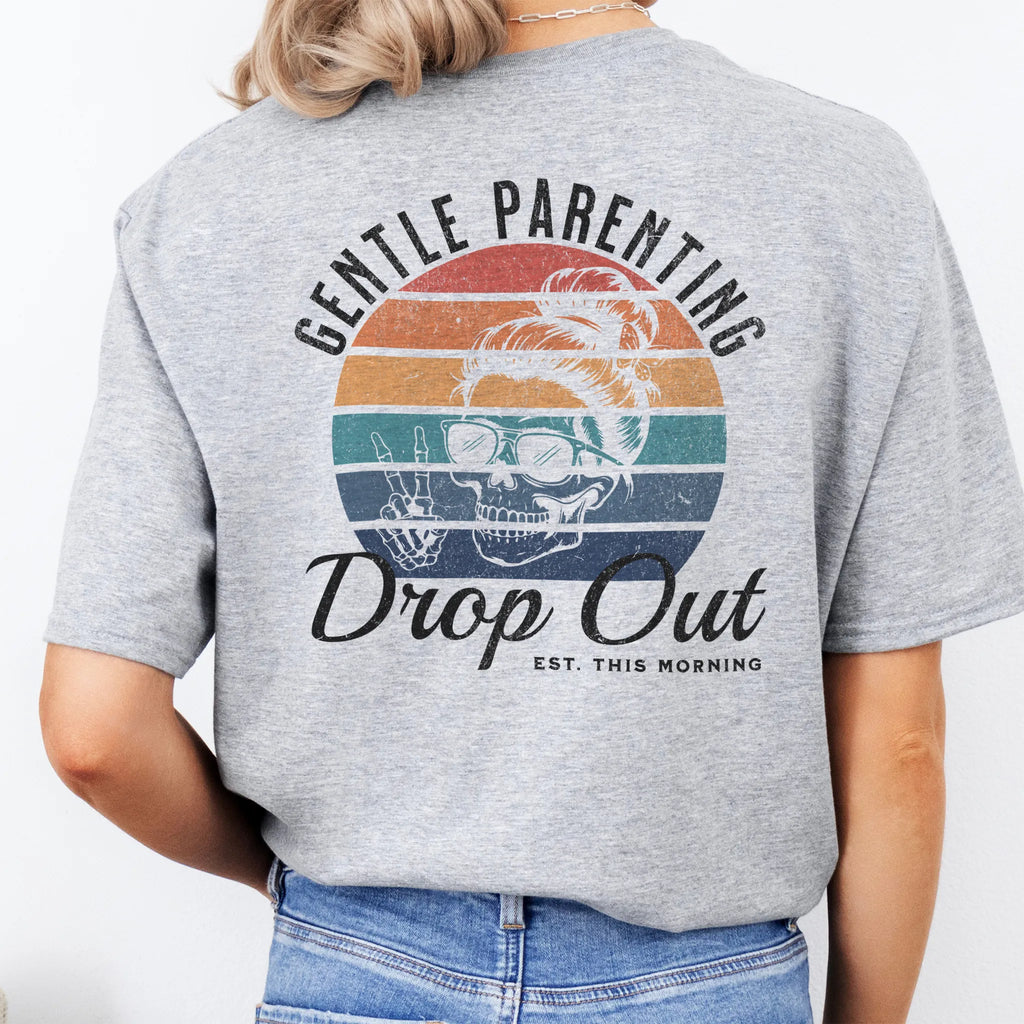 Sport Grey Oakley June T Shirt back view Gentle Parenting Drop Out large round retro badge skull with messy bun wearing sunglasses peace sign script Est This Morning distressed print