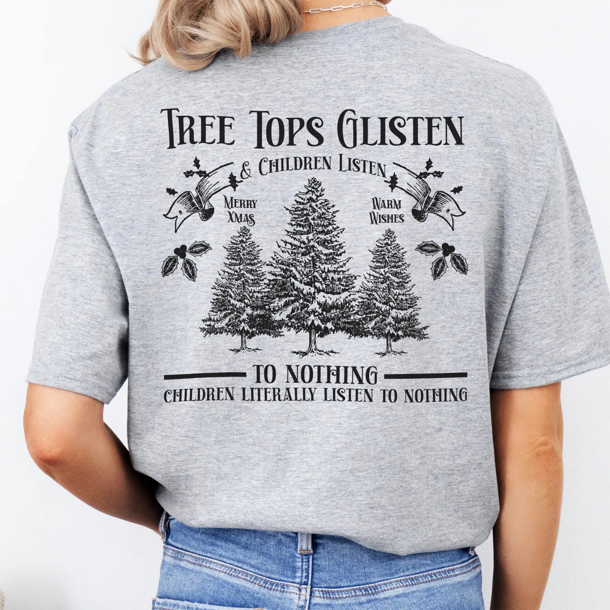 Sport Grey Oakley June tee large back print Tree Tops Glisten and Children Listen to Nothing with three evergreen trees, doves, and holly