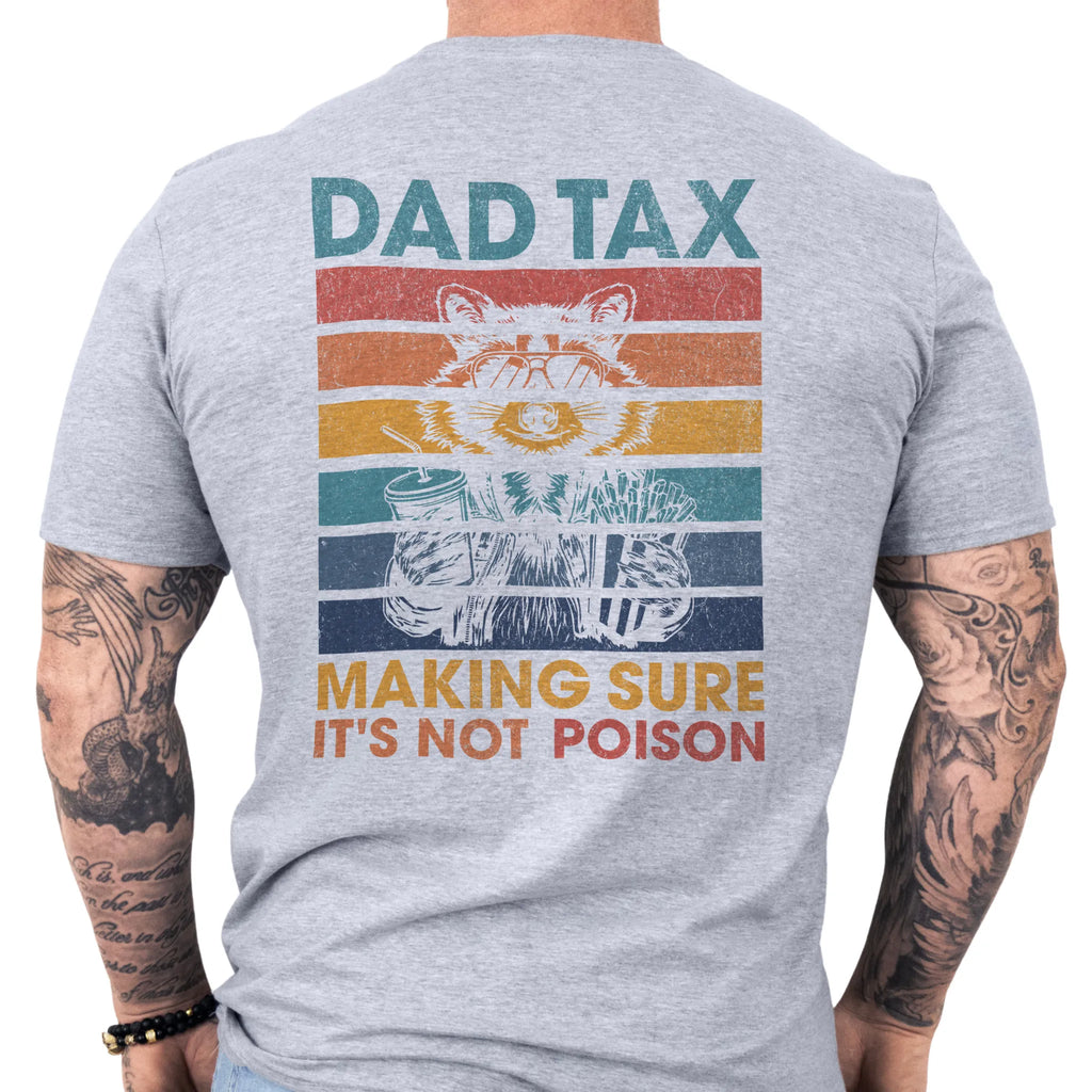 Sport Grey Oakley June T-Shirt – Dad Tax retro stripes graphic on back with raccoon holding snacks and “Making Sure It’s Not Poison” text