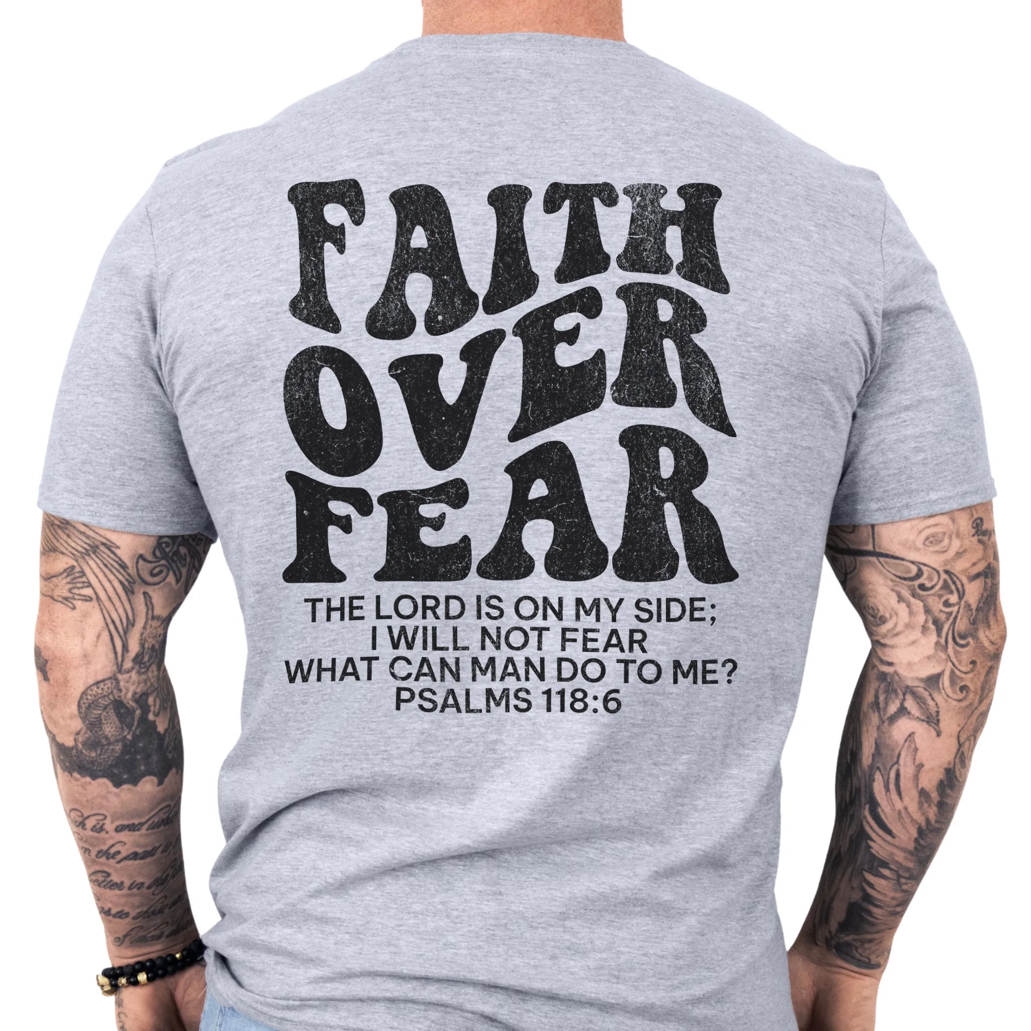 Sport Grey Oakley June t shirt, mens fit, large back lettering reads Faith Over Fear with supporting scripture lines, studio back view