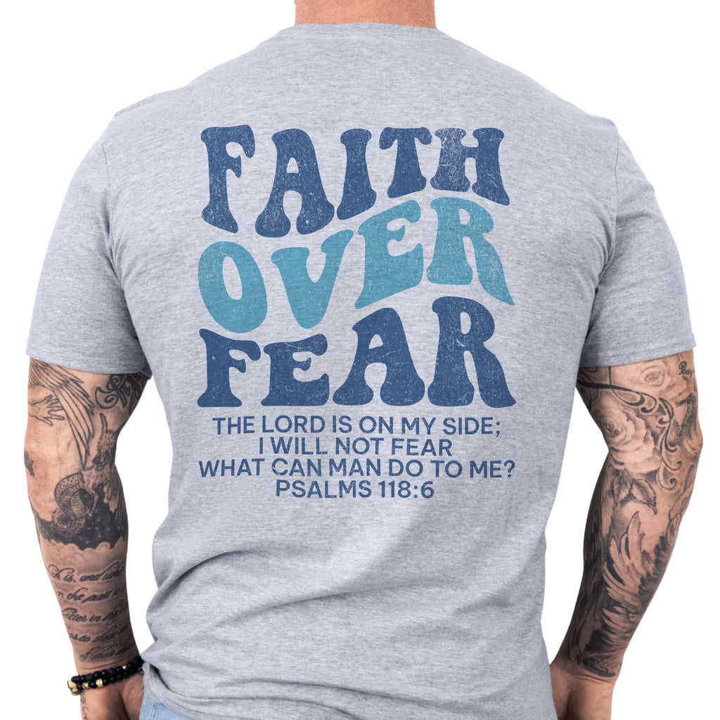 Sport Grey Oakley June t shirt, mens fit, large back lettering reads Faith Over Fear with supporting scripture lines, studio back view