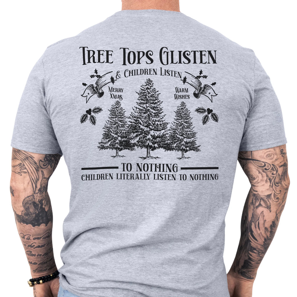Sport Grey Oakley June tee large back print Tree Tops Glisten and Children Listen to Nothing with three evergreen trees, doves, and holly