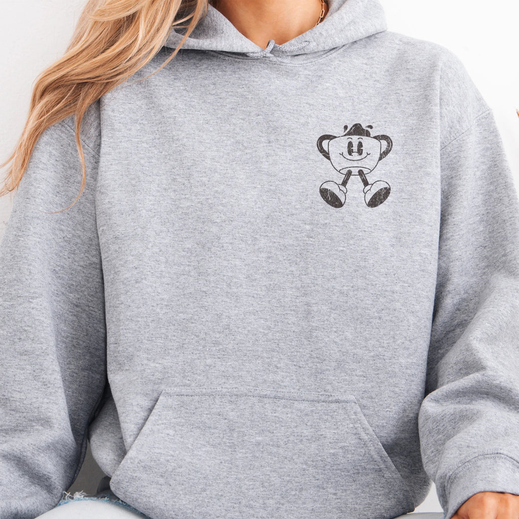 Sport Grey Oakley June Hoodie front view small left chest coffee cup mascot Caffeinated Moms Club kangaroo pocket drawstrings visible distressed print