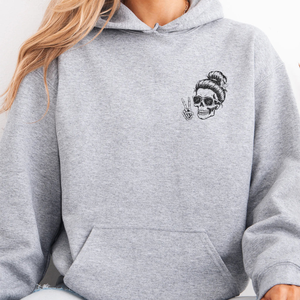 Sport Grey Oakley June Hoodie front view small left chest skull with messy bun peace sign minimalist mark kangaroo pocket drawstrings visible distressed print