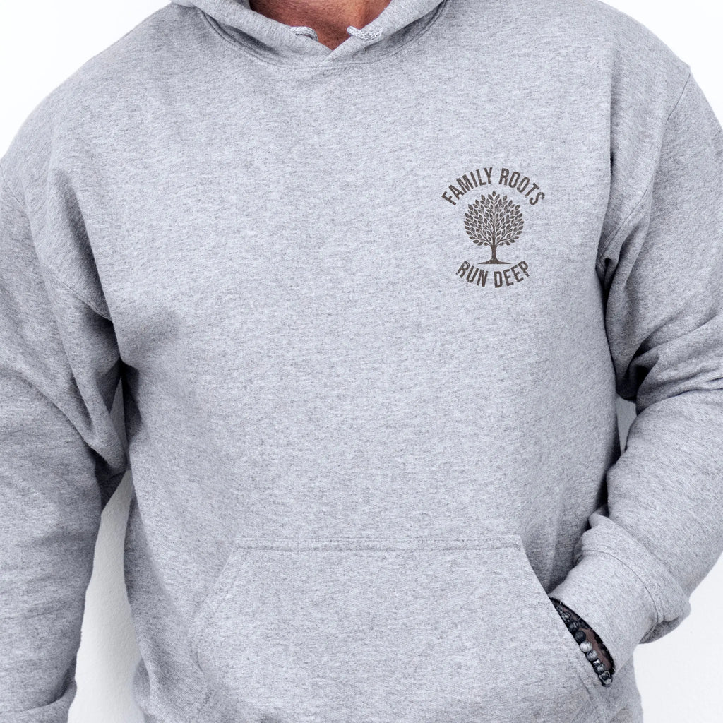 Sport Grey Oakley June hoodie left chest tree badge reading Family Roots Run Deep