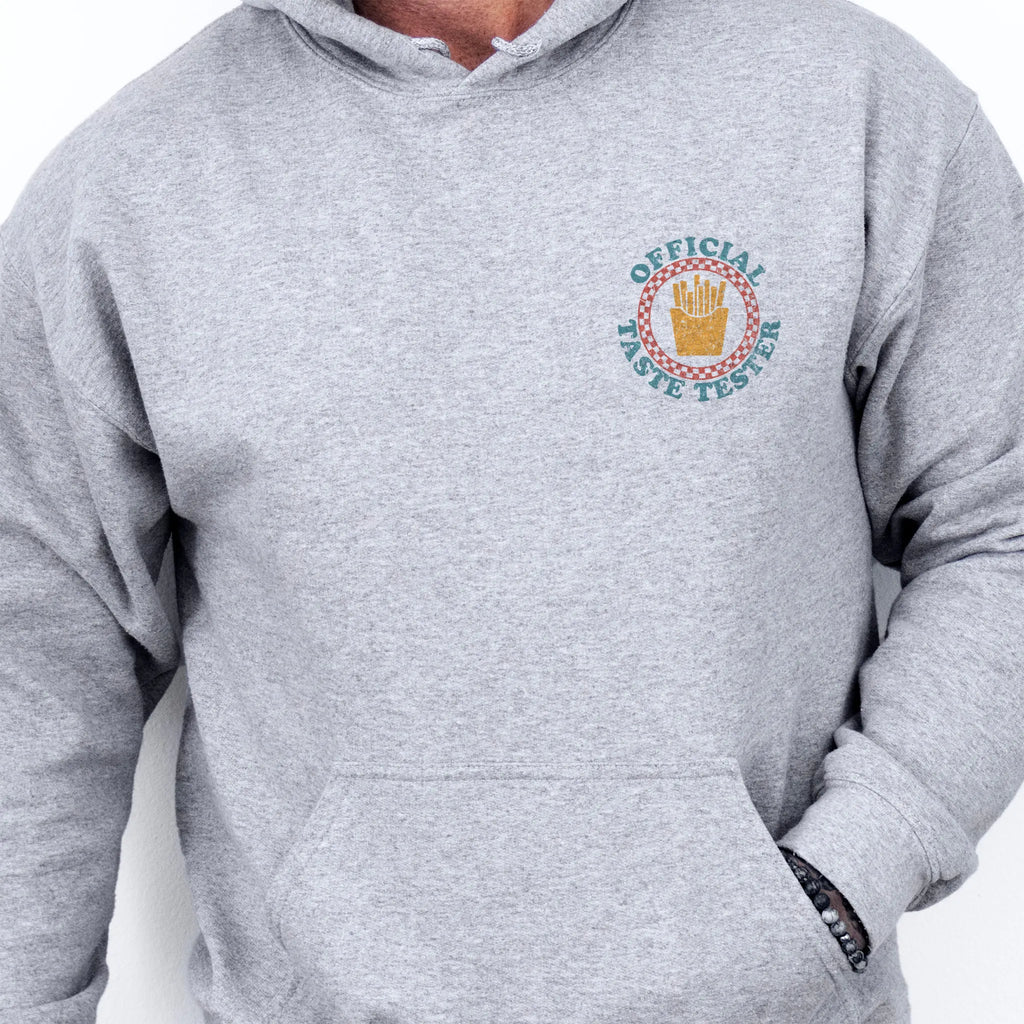 Sport Grey Oakley June Hoodie front view Dad Tax Official Taste Tester left chest badge retro circle fries emblem kangaroo pocket drawstrings visible