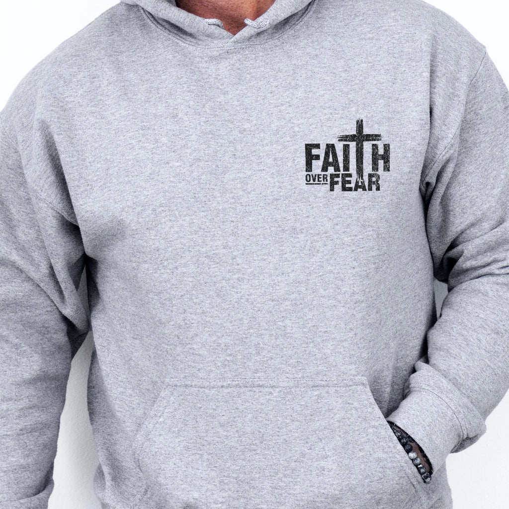 Sport Grey Oakley June hoodie, mens fit, left chest badge reads Faith Over Fear with cross, kangaroo pocket, studio front view
