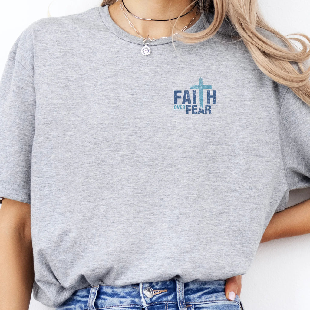 Sport Grey Oakley June t shirt, left chest badge reads Faith Over Fear with small cross, relaxed modern fit, studio front view