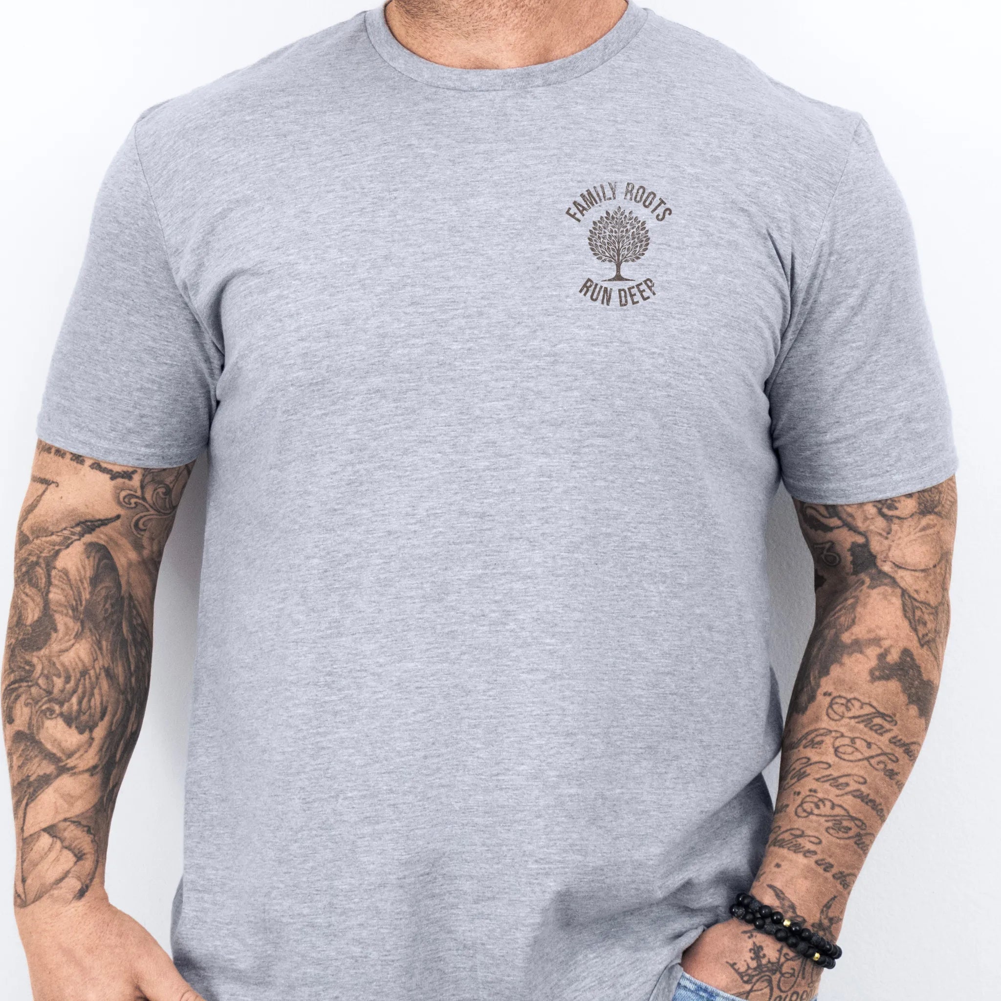 Sport Grey Oakley June tee left chest tree badge reading Family Roots Run Deep